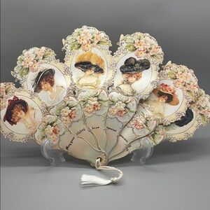 Vintage Decorative Fan with Floral and Portrait Design